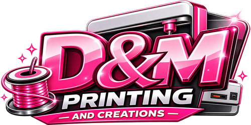 A stylized pink and white logo reading 'D&M PRINTING AND CREATIONS' with a 3D printer, filament spool, and sparkles on a black background.